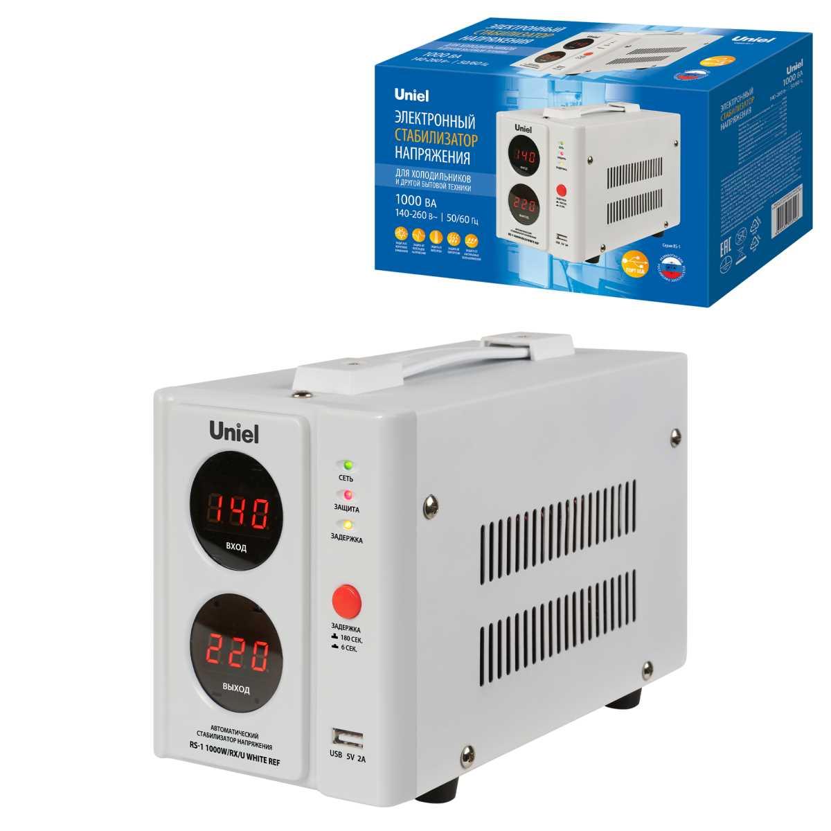 Стабилизатор напряжения для холодильников, 1000ВА, USB разъем Uniel RS-1 1000W/RX/U WHITE REF